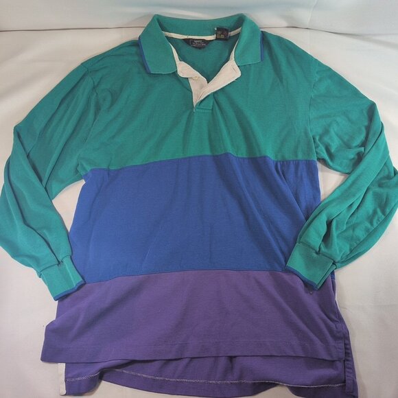 Sears Vintage 90s Green Blue Purple Striped Collared Long Sleeve Button M Medium - Picture 1 of 15